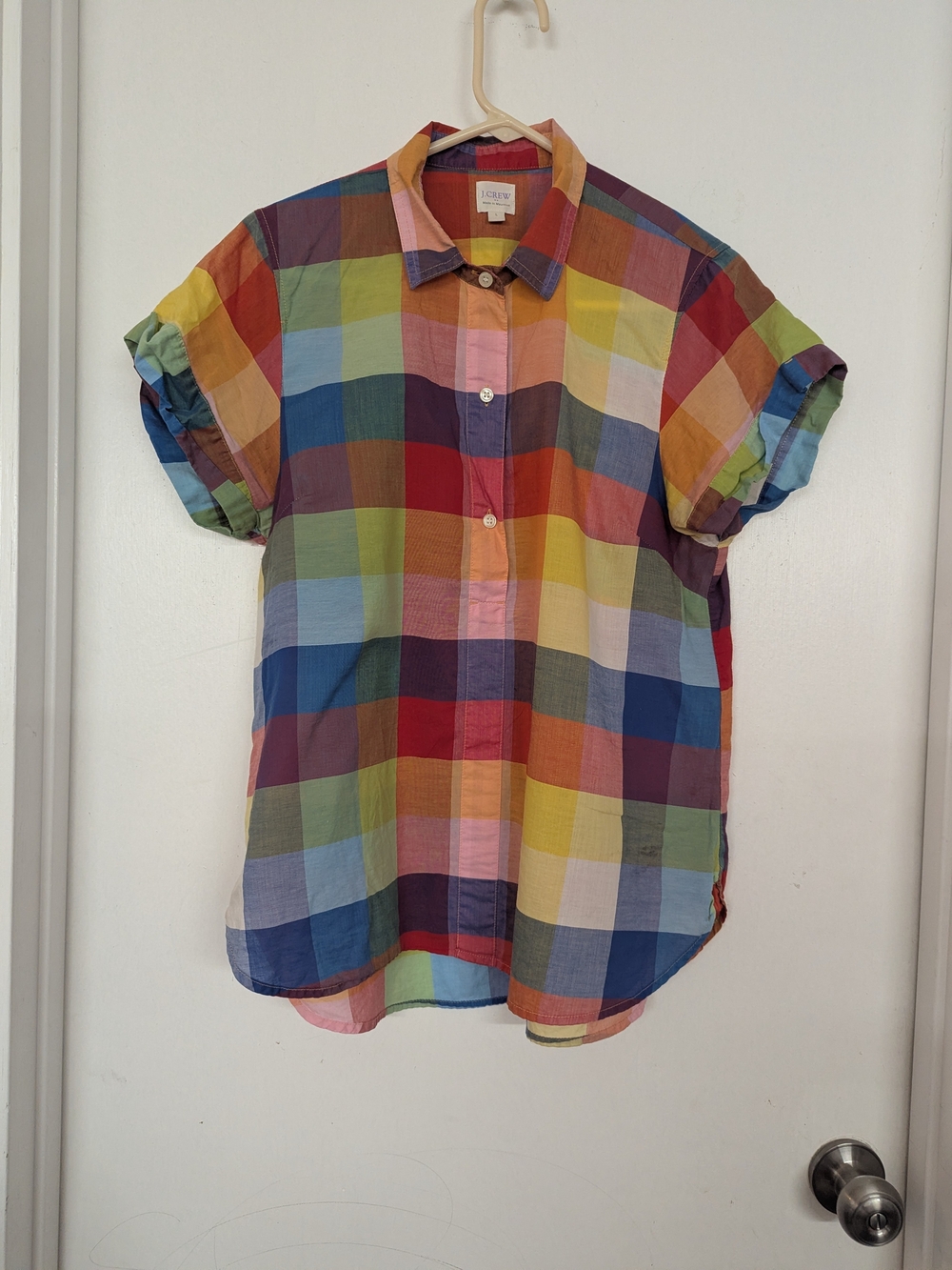 J. Crew Multicolor Check Short-Sleeve Mid Button Shirt - Rainbow Plaid